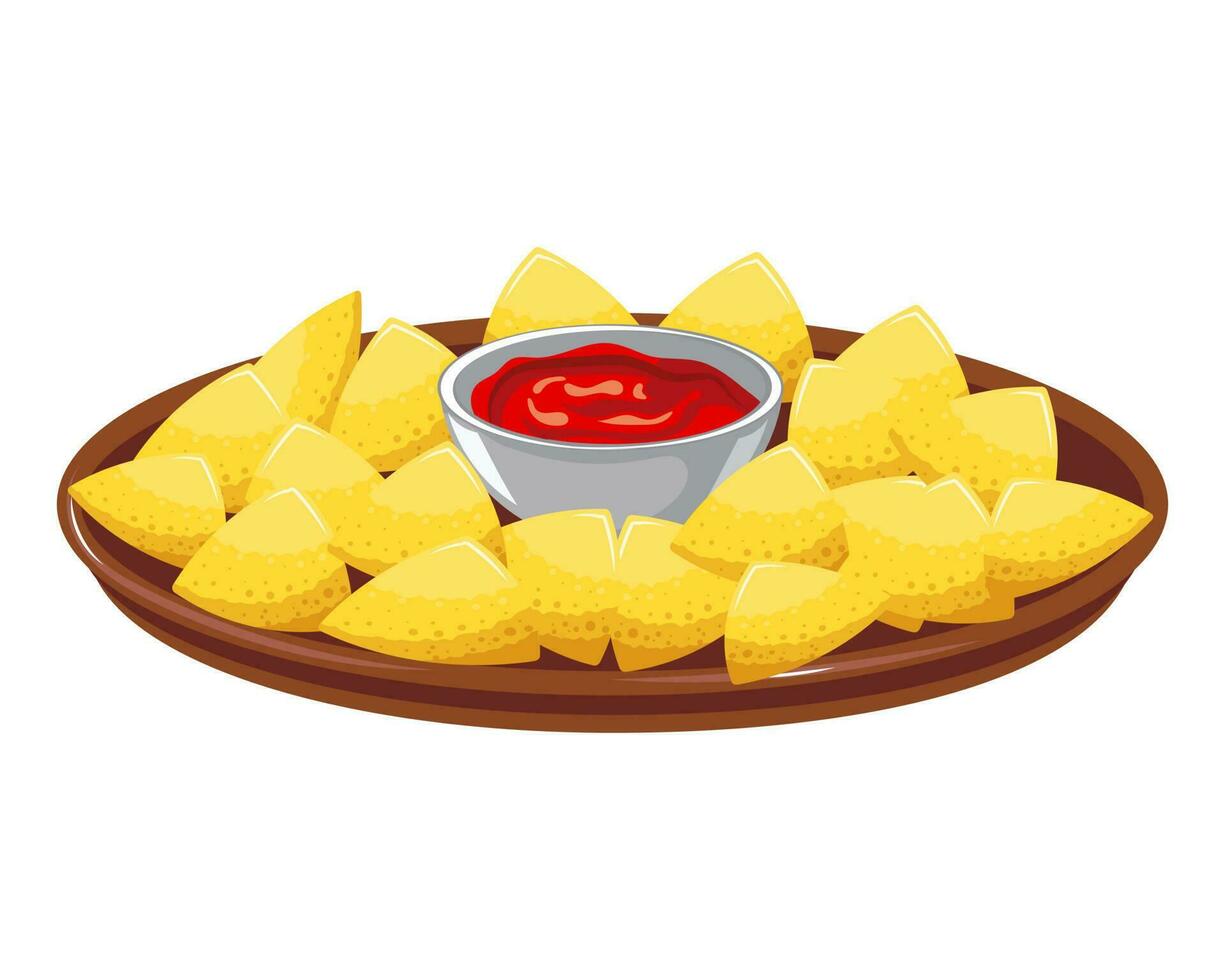 nachos, chips de maíz con salsa de aguacate guacamole, cocina latinoamericana. cocina nacional de mexico. ilustración de alimentos, vector