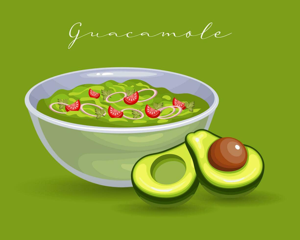 Avocado Guacamole Sauce with Tomatoes and Onions, Latin American Cuisine. National cuisine of Mexico. Food illustration, vector