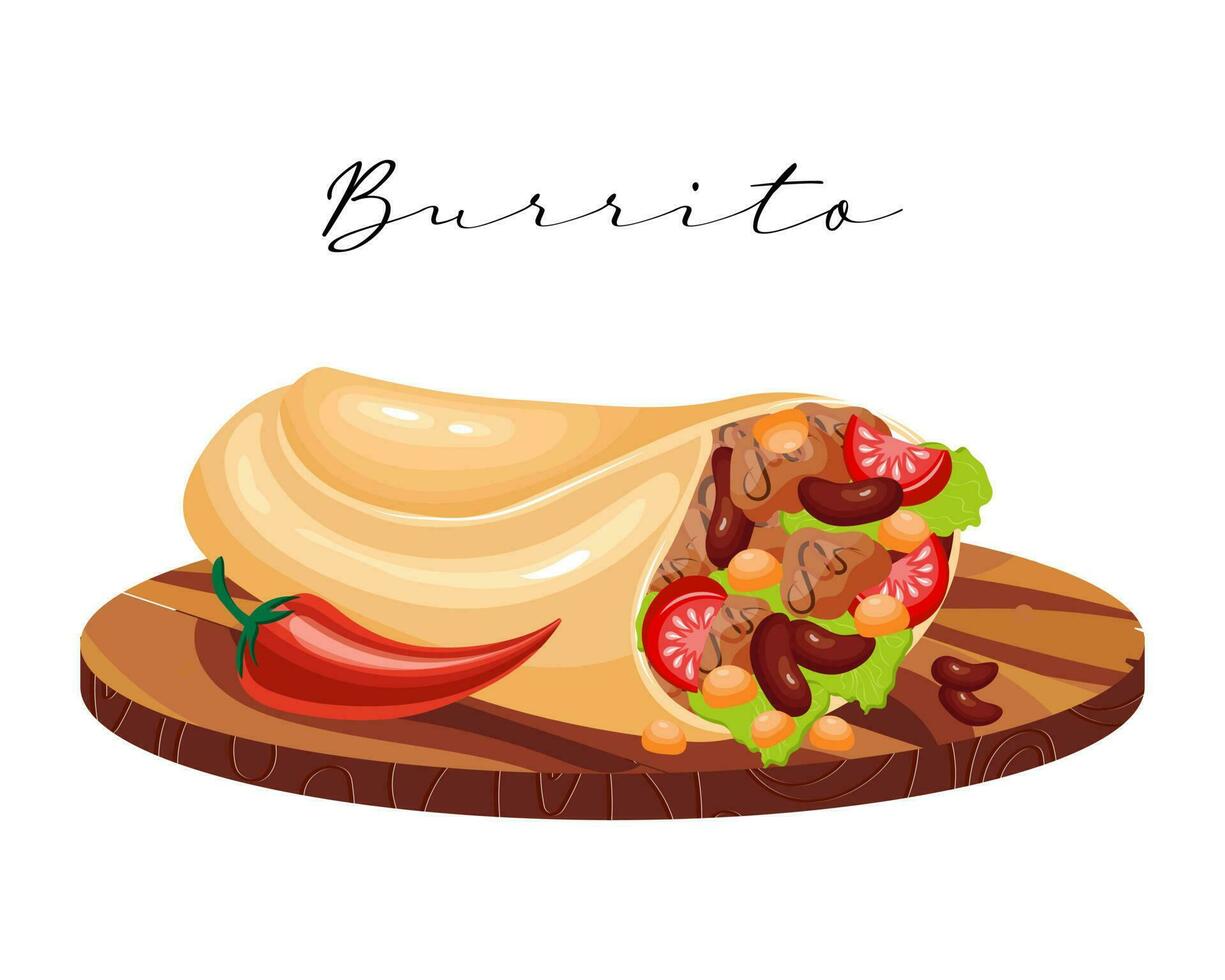 burrito, tortillas con carne y frijoles en una bandeja de madera, cocina latinoamericana. cocina nacional de mexico. ilustración de alimentos, vector