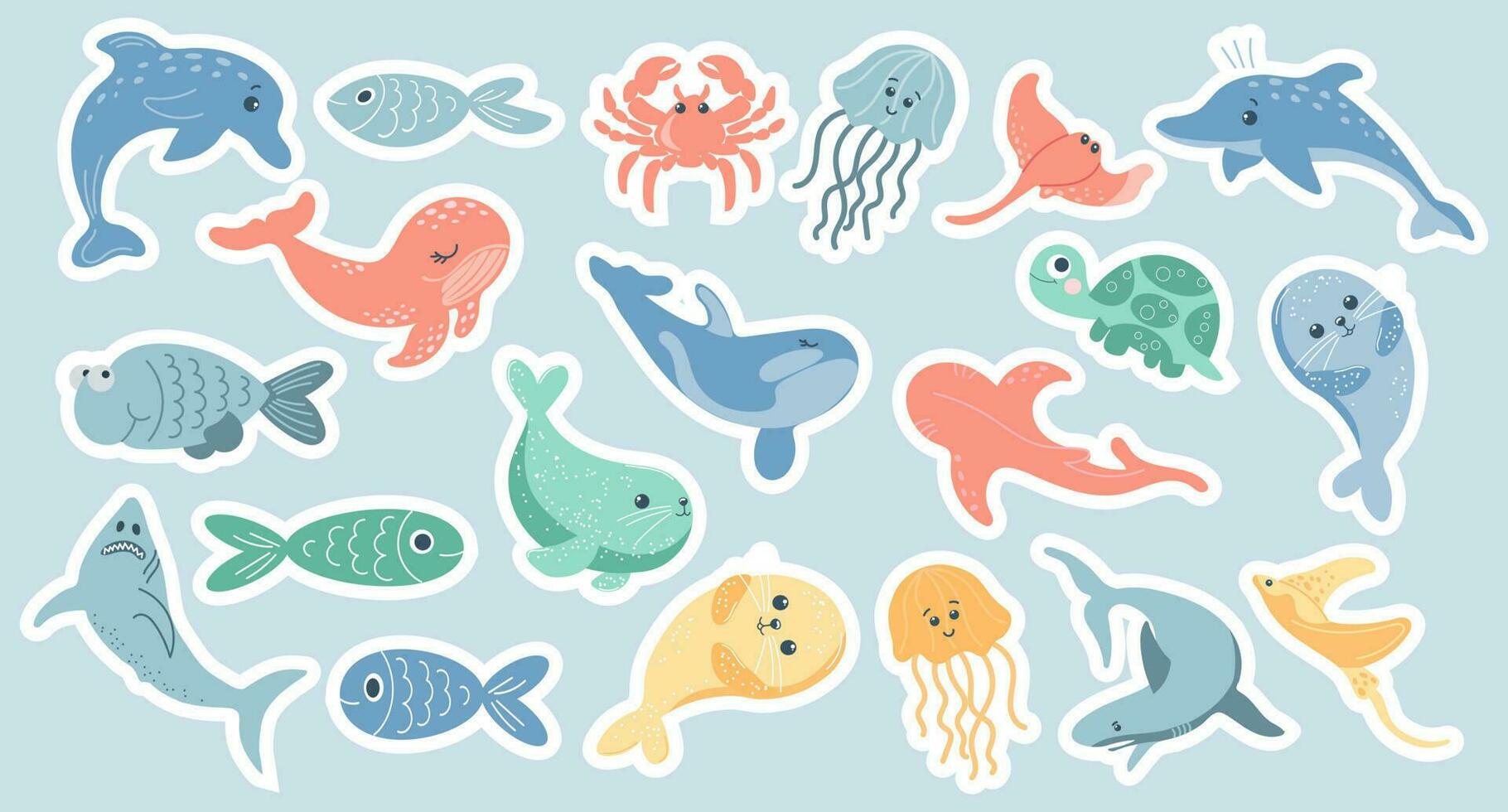 Collection of colorful stickers with fish and marine animals. Stickers for kids, vector