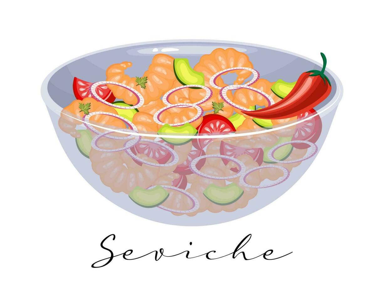 Seafood salad Ceviche. Shrimp, avocado, tomato and onion salad, Latin American cuisine. National cuisine of Peru. Food illustration, vector