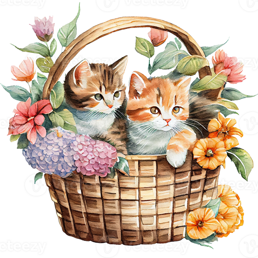 Kittens Basket Watercolor Clipart png