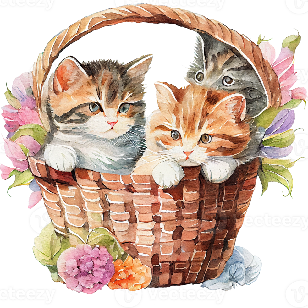 Kittens Basket Watercolor Clipart png