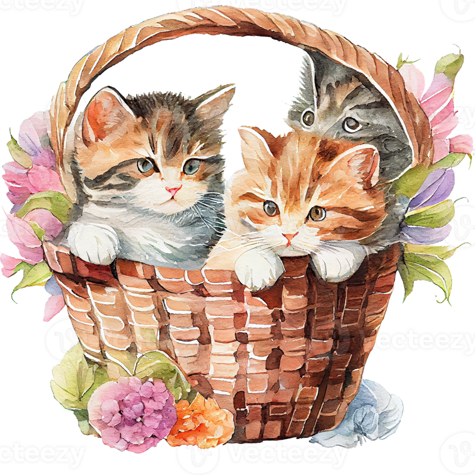 gatinhos cesta aguarela clipart ai generativo png