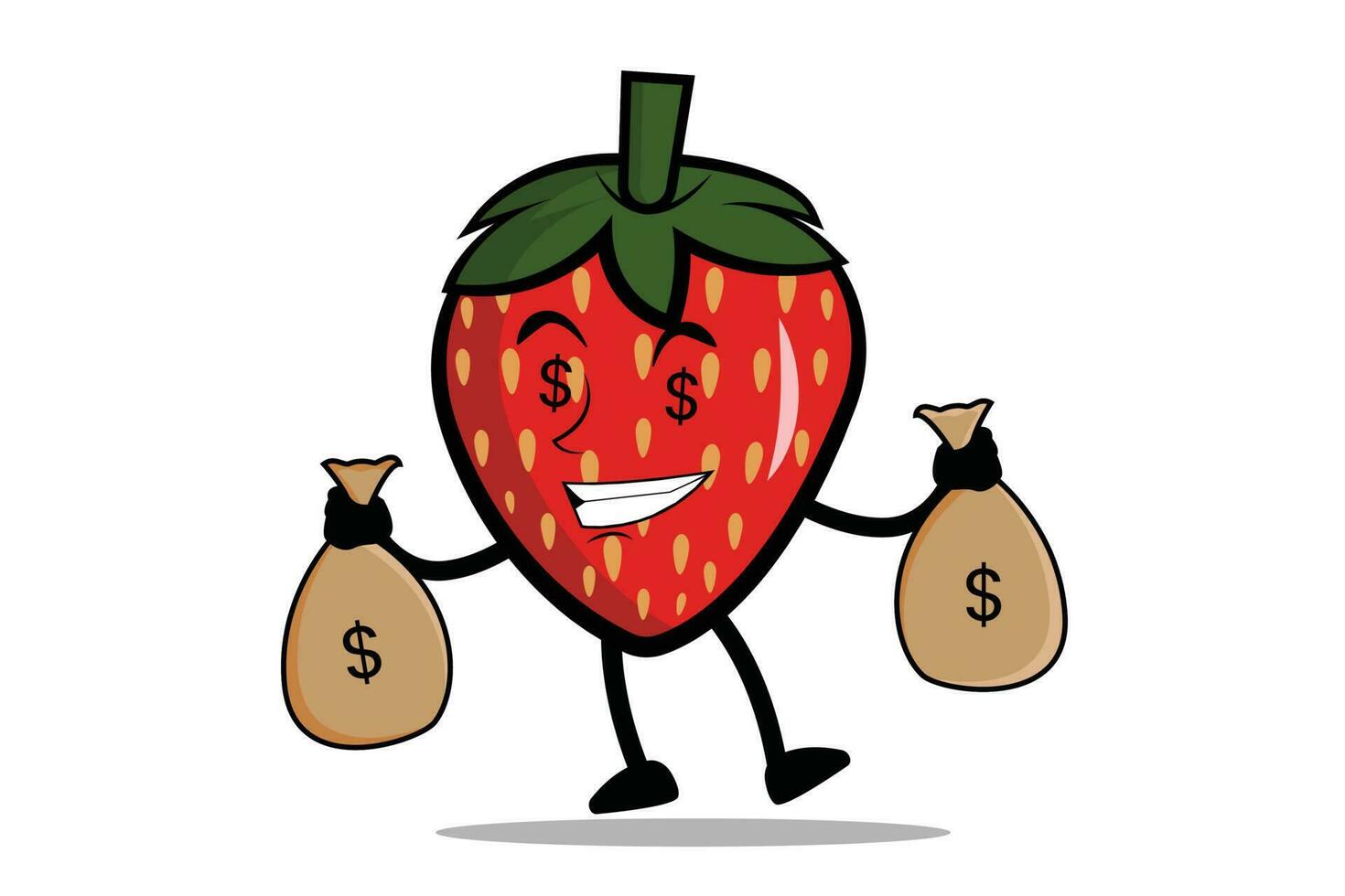 Strawberry Cartoon mascot or character carries a sack of money, a paycheck from his business vector