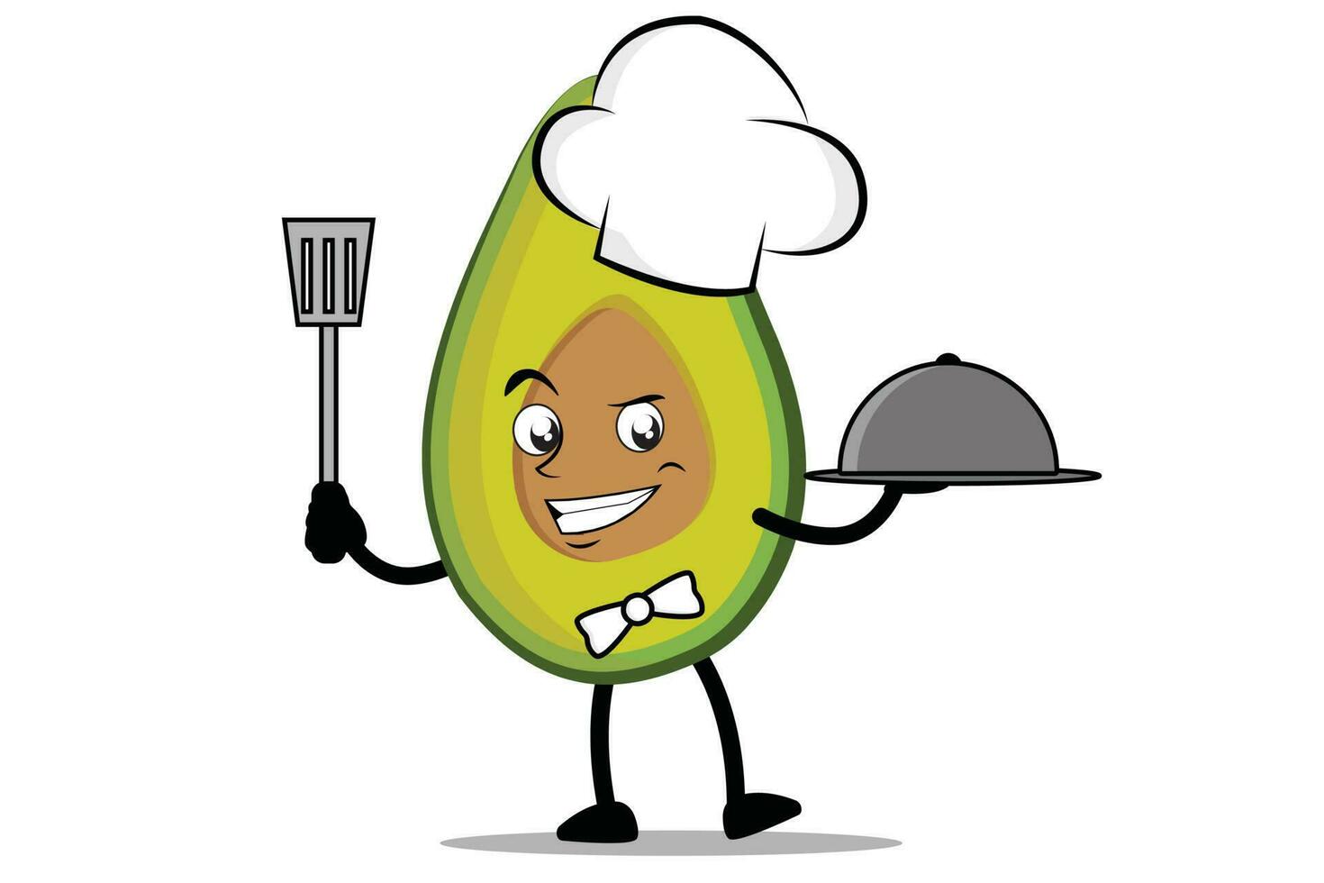 aguacate dibujos animados mascota o personaje como un cocinero participación el espátula y servicio plato vector