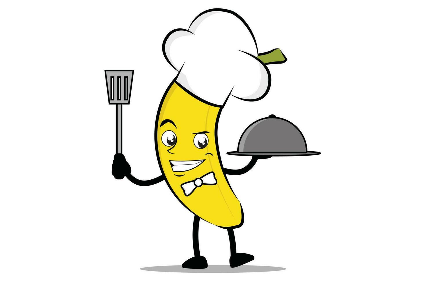 Banana Cartoon mascot or character as a chef holding the spatula and serving plate vector