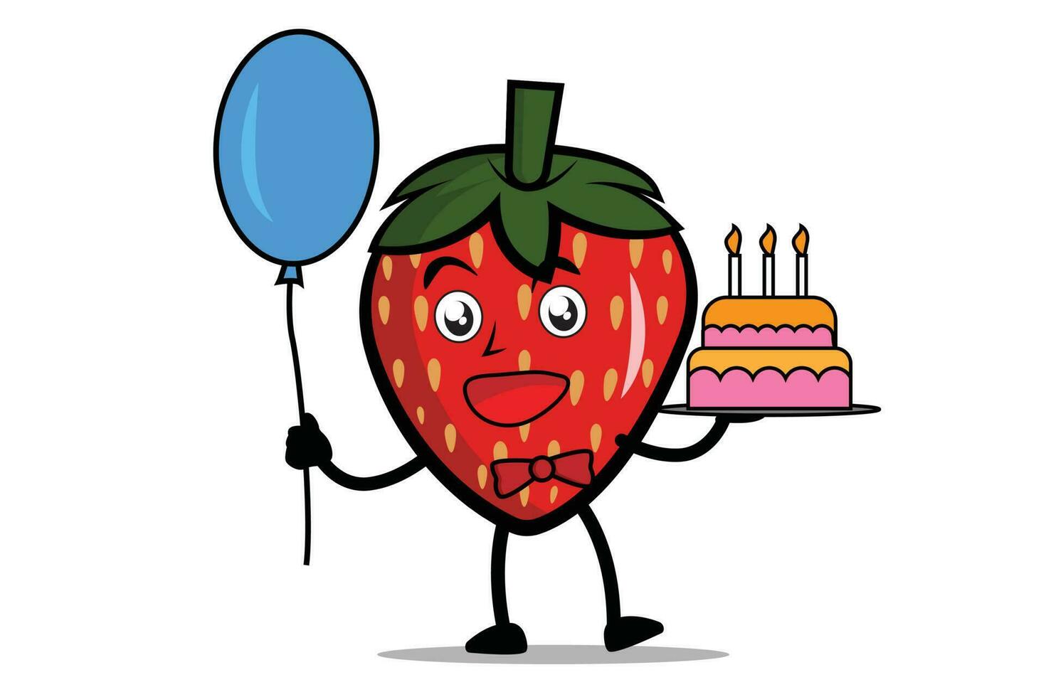 Strawberry Cartoon mascot or character holding balloons and birthday cake at birthday celebration event vector
