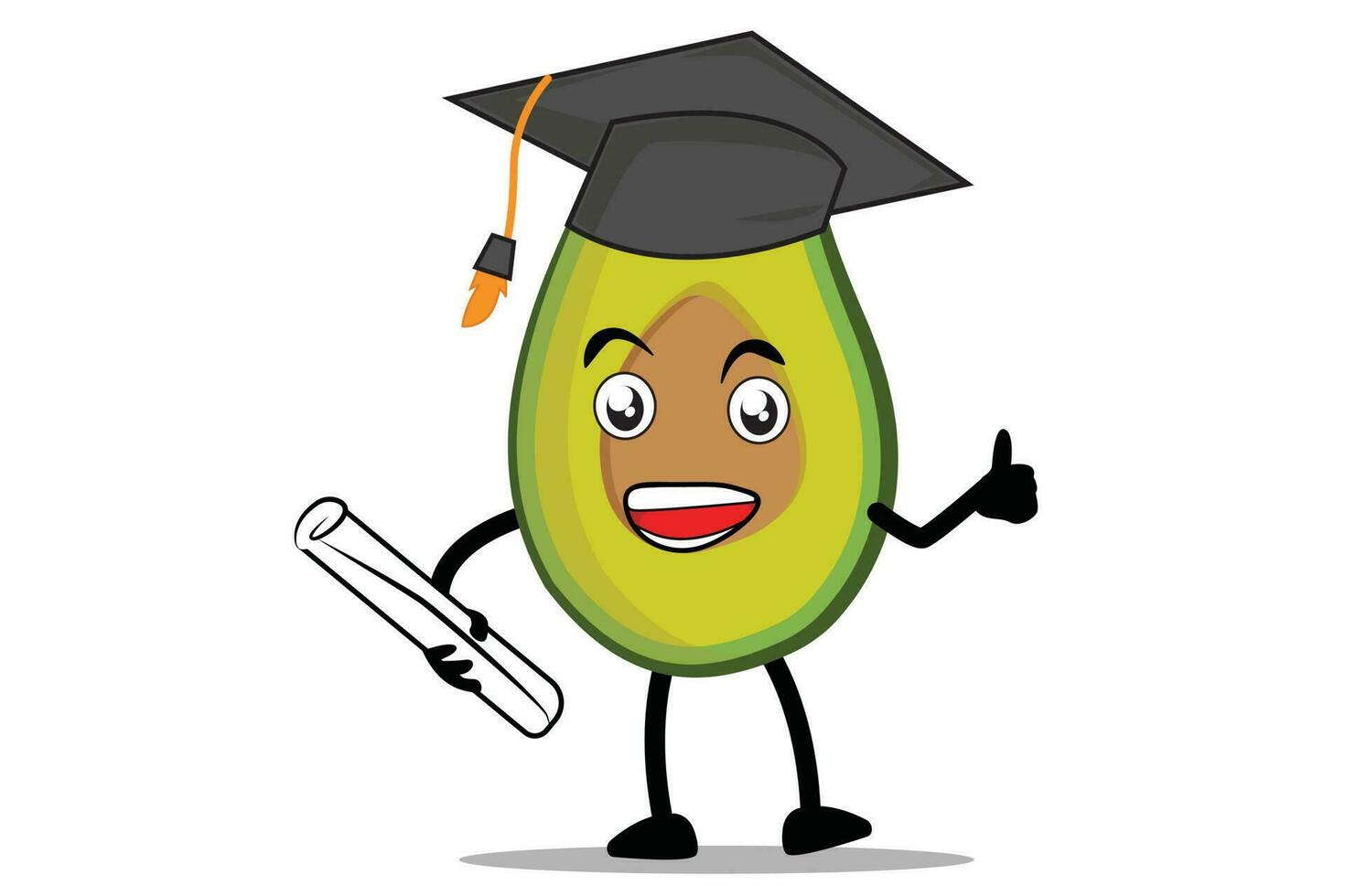 Avocado Cartoon mascot or character holding a diploma and wearing a toga in graduation vector