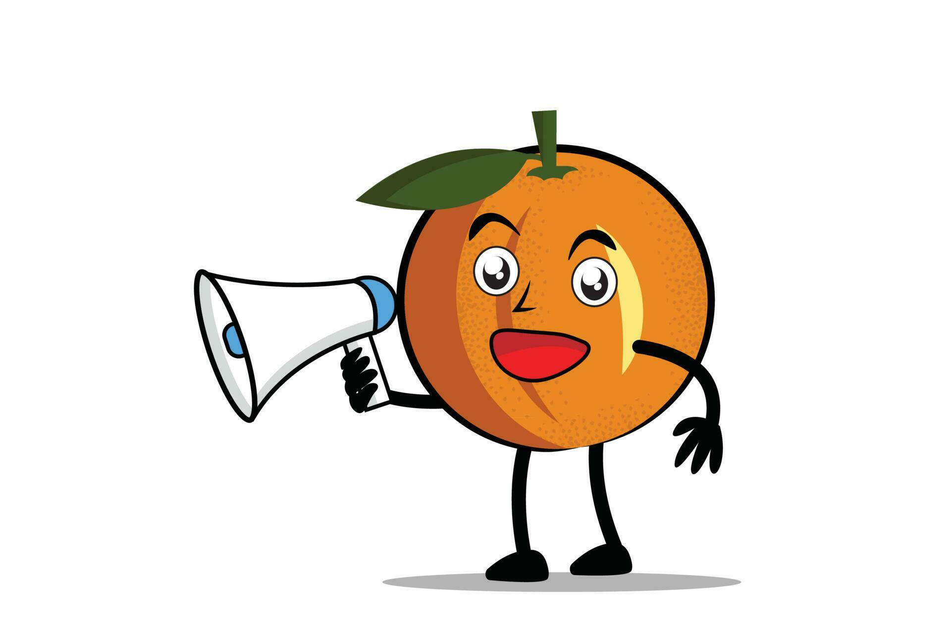 Orange Cartoon mascot or character holding a loudspeaker and about to