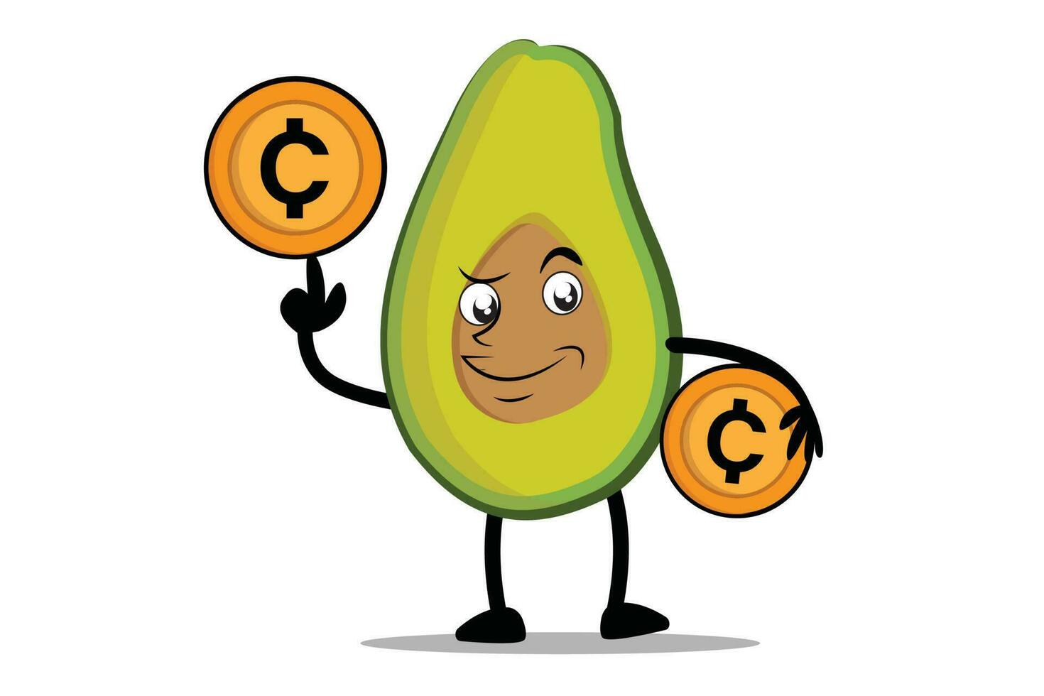 Avocado Cartoon mascot or character holding crypto coins, digital coins or digital money vector