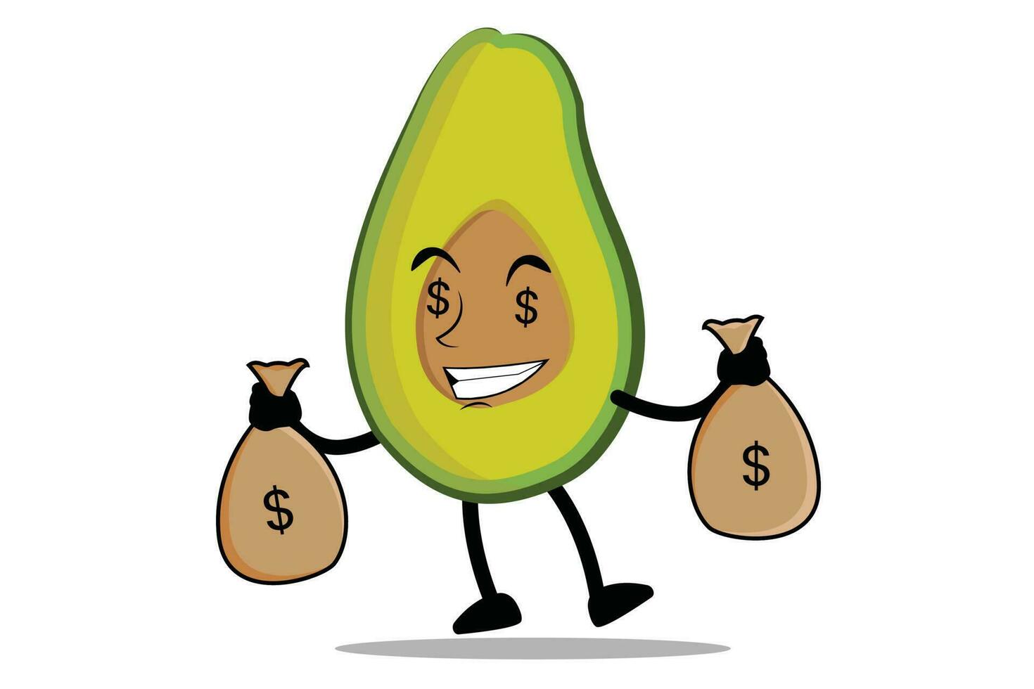 Avocado Cartoon mascot or character carries a sack of money, a paycheck from his business vector