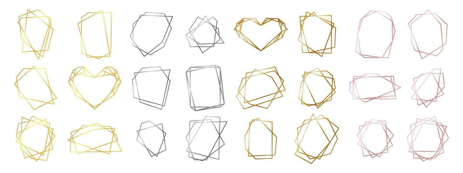 Wedding geometric borders. Vector collection of gold, silver, bronze and gold rose luxury polygonal frames isolated on white background