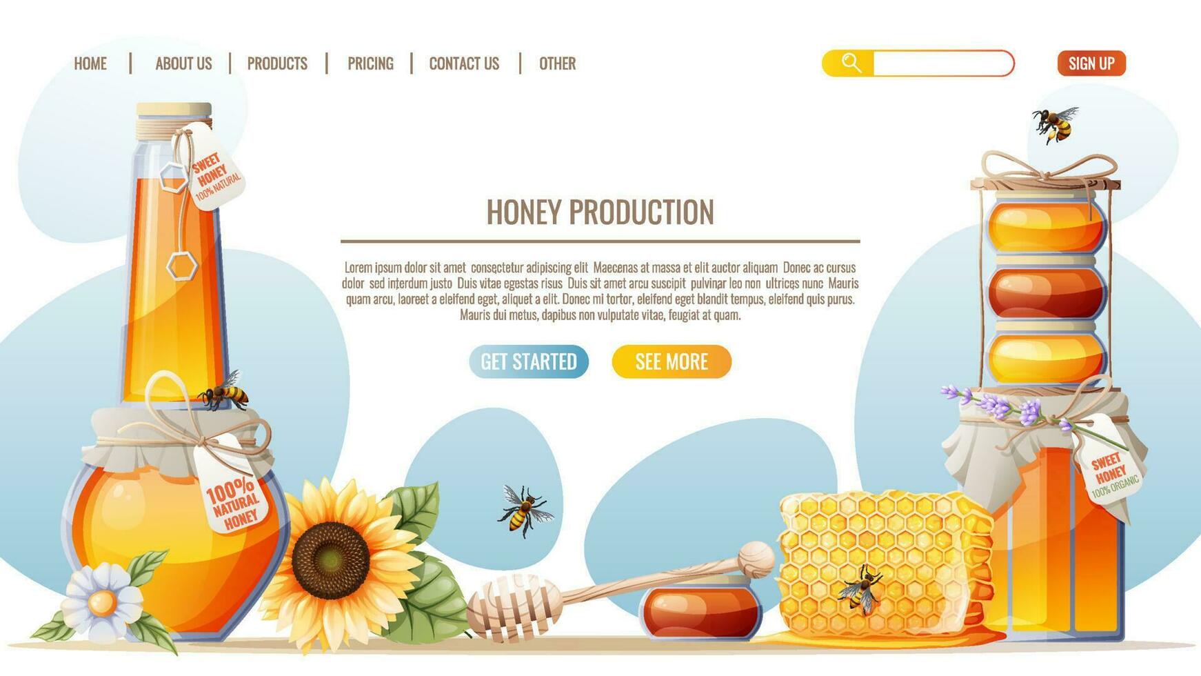 Honey products. Honeycombs, jar of honey, bees. Honey shop webpage design template. Vector illustration for banner, advertisement, web page, cover