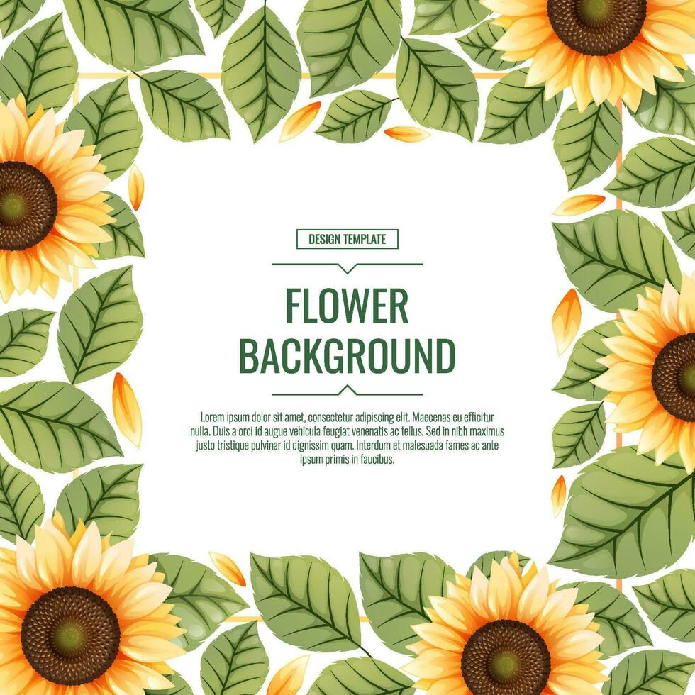 Square background with sunflowers. Floral frame with yellow flowers and green leaves. Banner, poster, flyer, postcard. Summer illustration. vector
