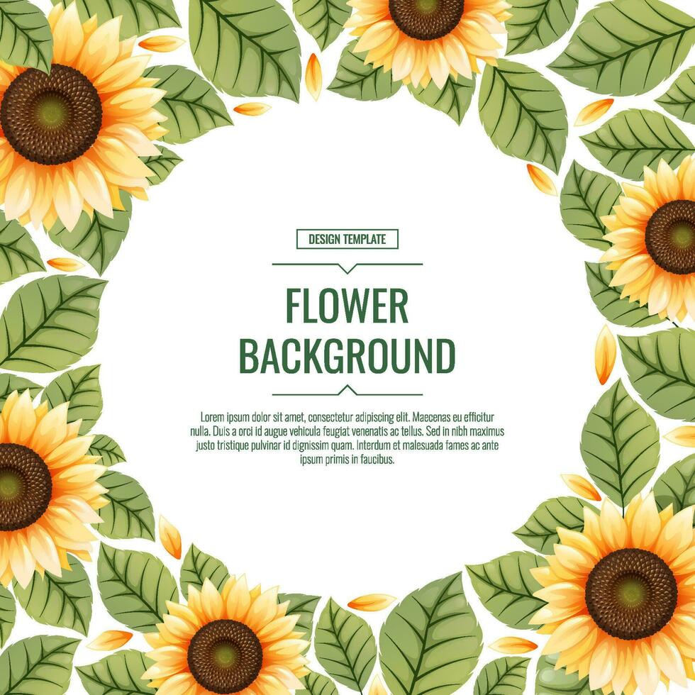 Square background with sunflowers. Floral frame with yellow flowers and green leaves. Banner, poster, flyer, postcard. Summer illustration. vector