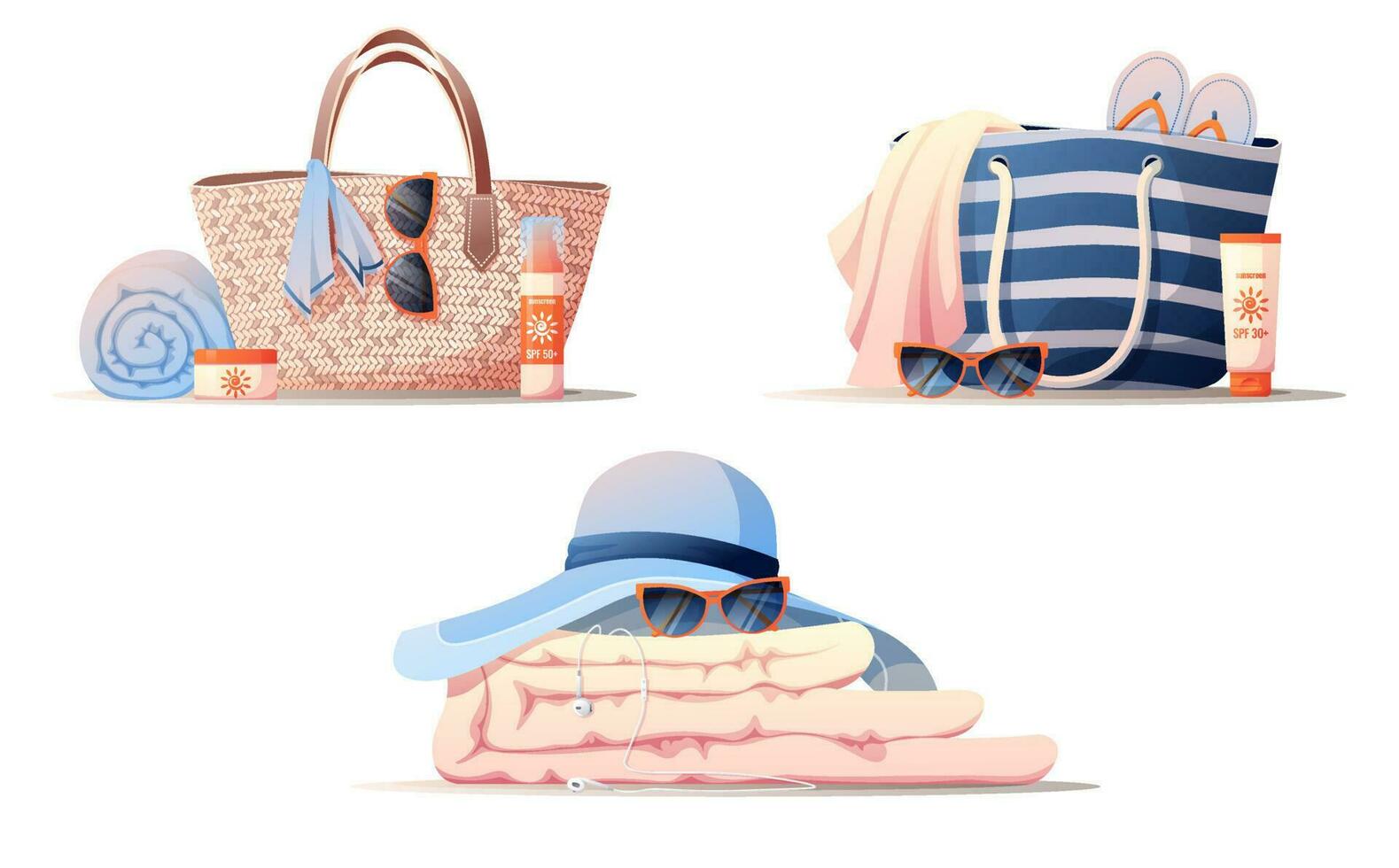 Beach hat, beach bag cover, sunglasses, sun cream, towel, slippers. Set of summer illustrations with beach things vector