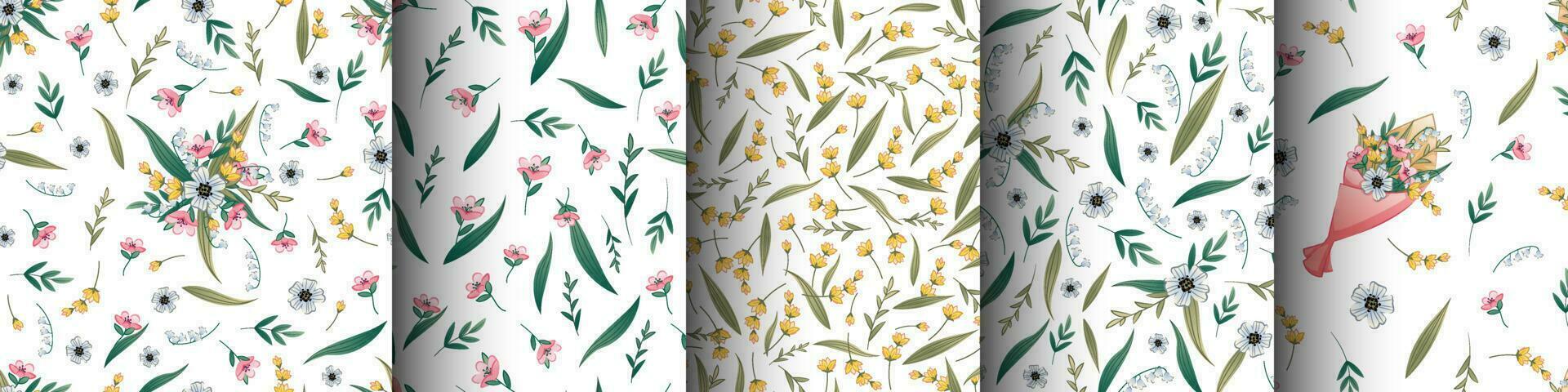 Set of seamless patterns of wild flowers on white background. Texture for paper, textiles, wallpaper, etc. vector