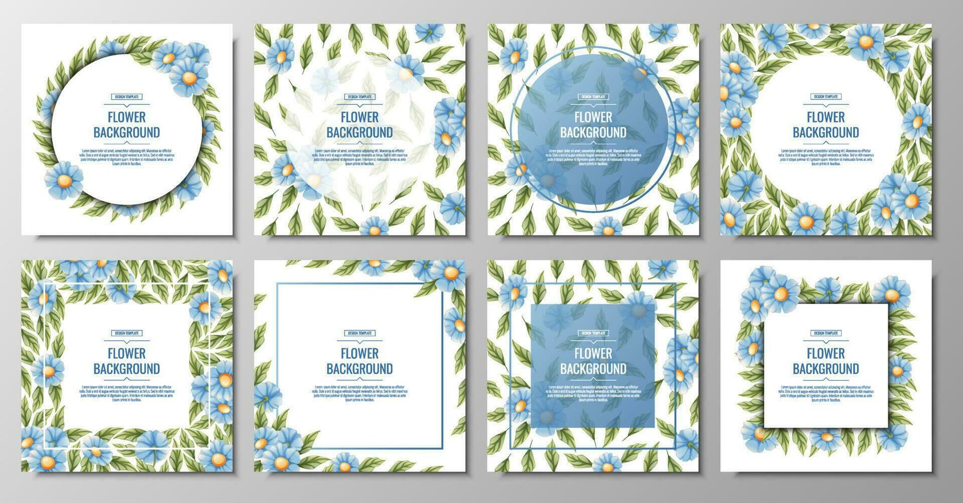 Set of square backgrounds with pink blue flowers. Floral frame with forget-me-nots. Banner, poster, flyer, postcard. Summer illustration vector
