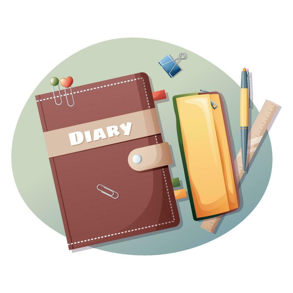 School diary, diary with a pencil case and stationery Pen, pencil, scissors, ruler. Vector school illustration isolated on white background. Back to school, education, study