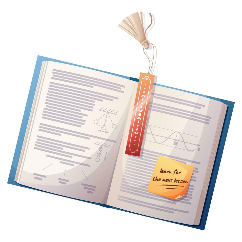 School textbook with a bookmark and stickers on a white background. Back to school, education, school supplies. Suitable for design, stickers, prints, etc vector