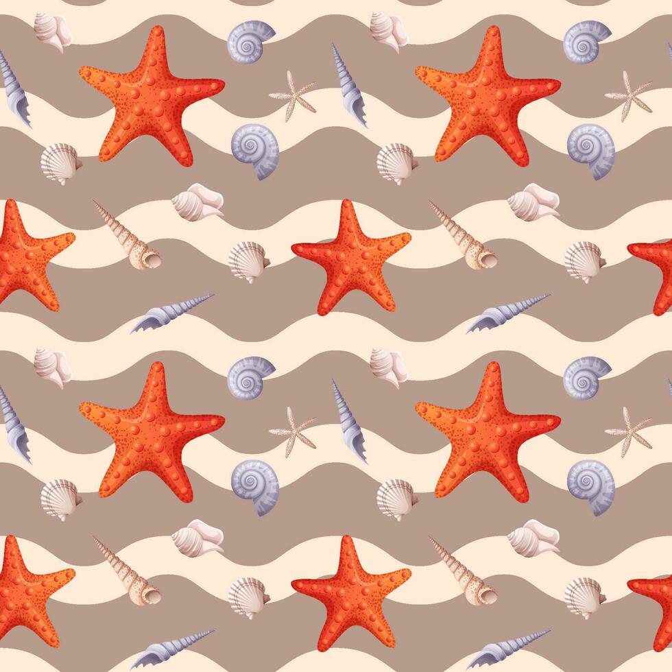 Seamless pattern with starfish and seashells with a wavy pattern. Cute children s pattern for gift paper, fabric, wallpaper vector