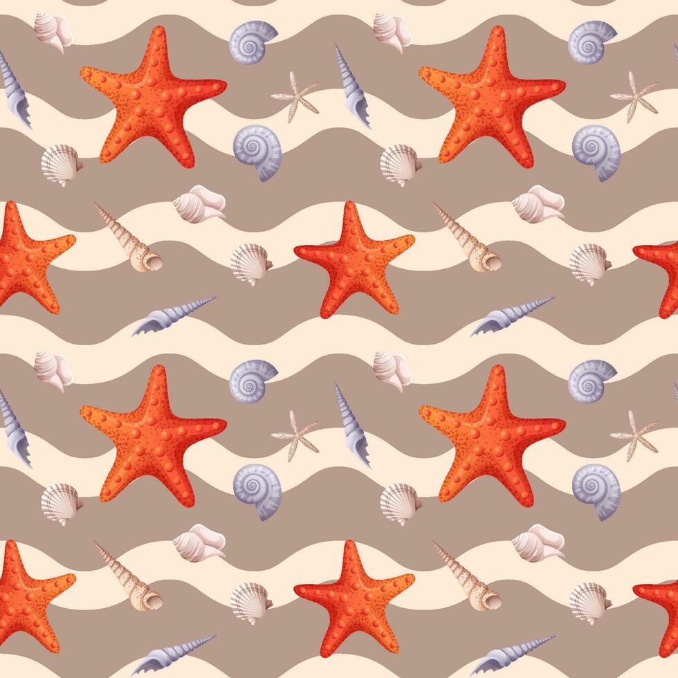 sin costura modelo con estrella de mar y conchas marinas con un ondulado modelo. linda niños s modelo para regalo papel, tela, fondo de pantalla vector