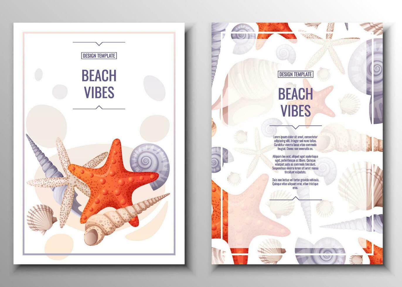 Flyer set with seashells and orange starfish. Banner, flyer, poster A4 size for advertising. Banner, flyer, poster A4 size for advertising vector