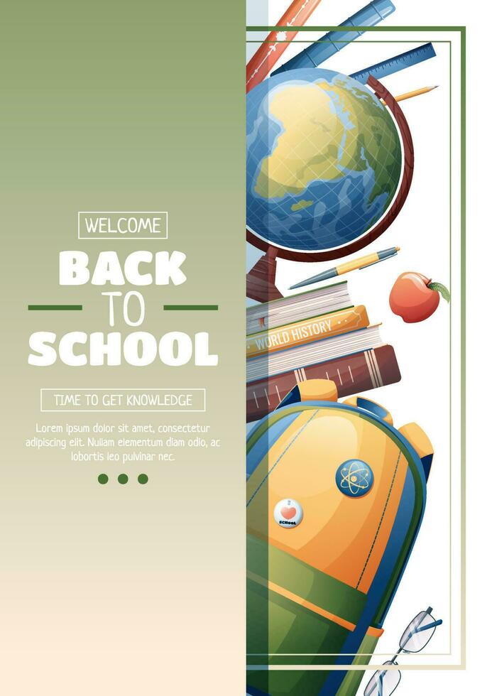 Flyer design with school backpack, globe and textbooks. School time, back to school, education. Flyer, poster, banner size a 4 vector