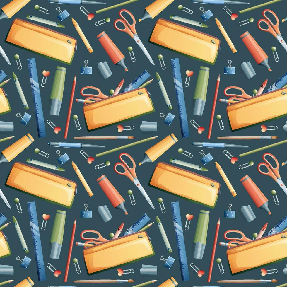 Seamless pattern with pencils, markers, scissors. School seamless background. Suitable for paper, wallpaper, textiles, etc. vector