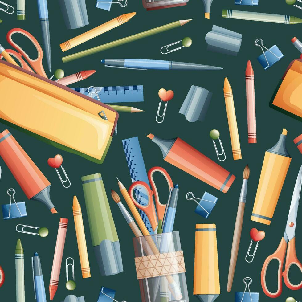 Seamless pattern with pencils, markers, scissors. School seamless background. Suitable for paper, wallpaper, textiles, etc. vector