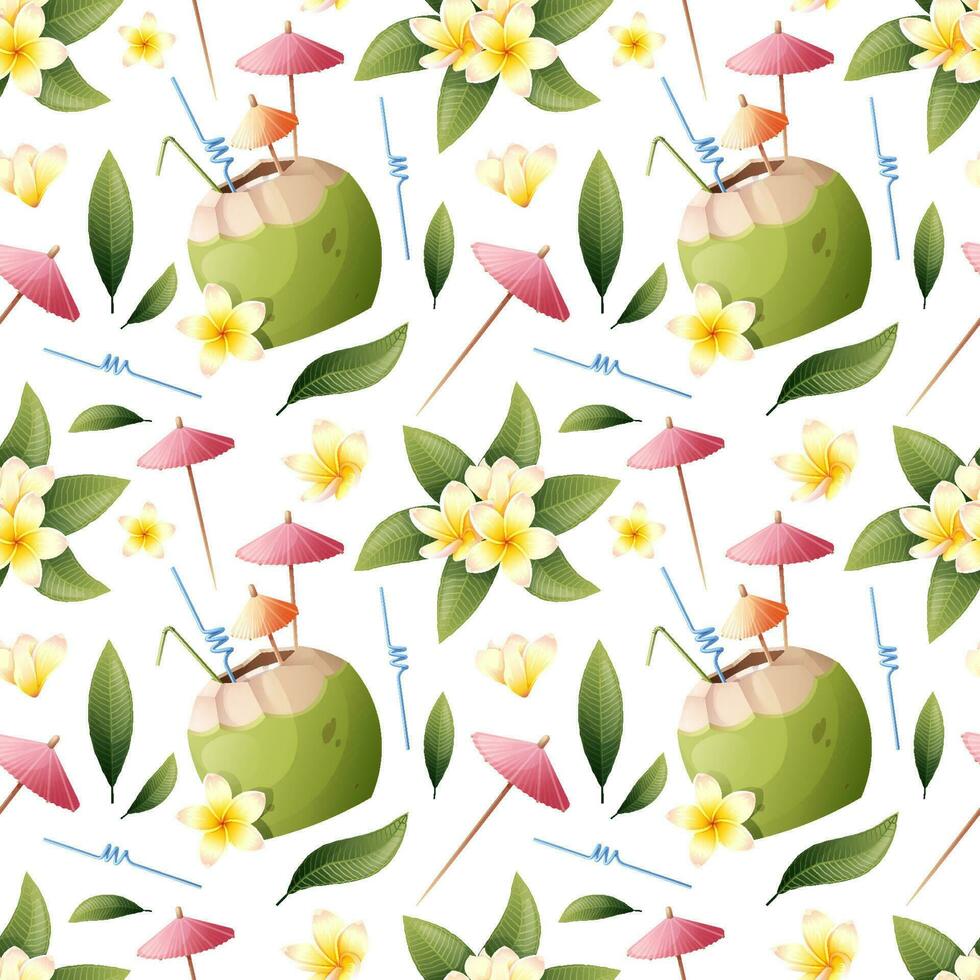 Summer seamless pattern with tropical frangipani flowers and coconut cocktail on a green background. Suitable for wallpaper, fabric, paper, etc vector