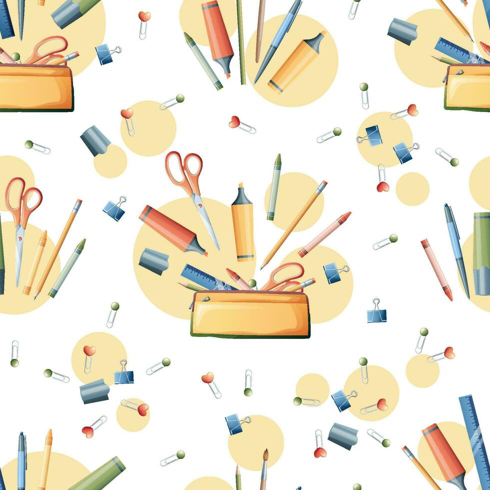 Seamless pattern with pencils, markers, scissors. School seamless background. Suitable for paper, wallpaper, textiles, etc. vector