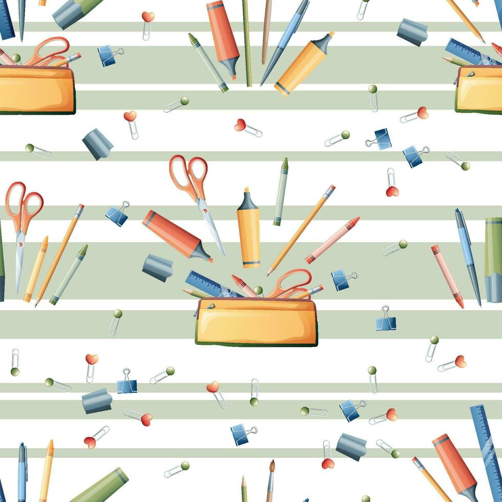 Seamless pattern with pencils, markers, scissors. School seamless background. Suitable for paper, wallpaper, textiles, etc. vector