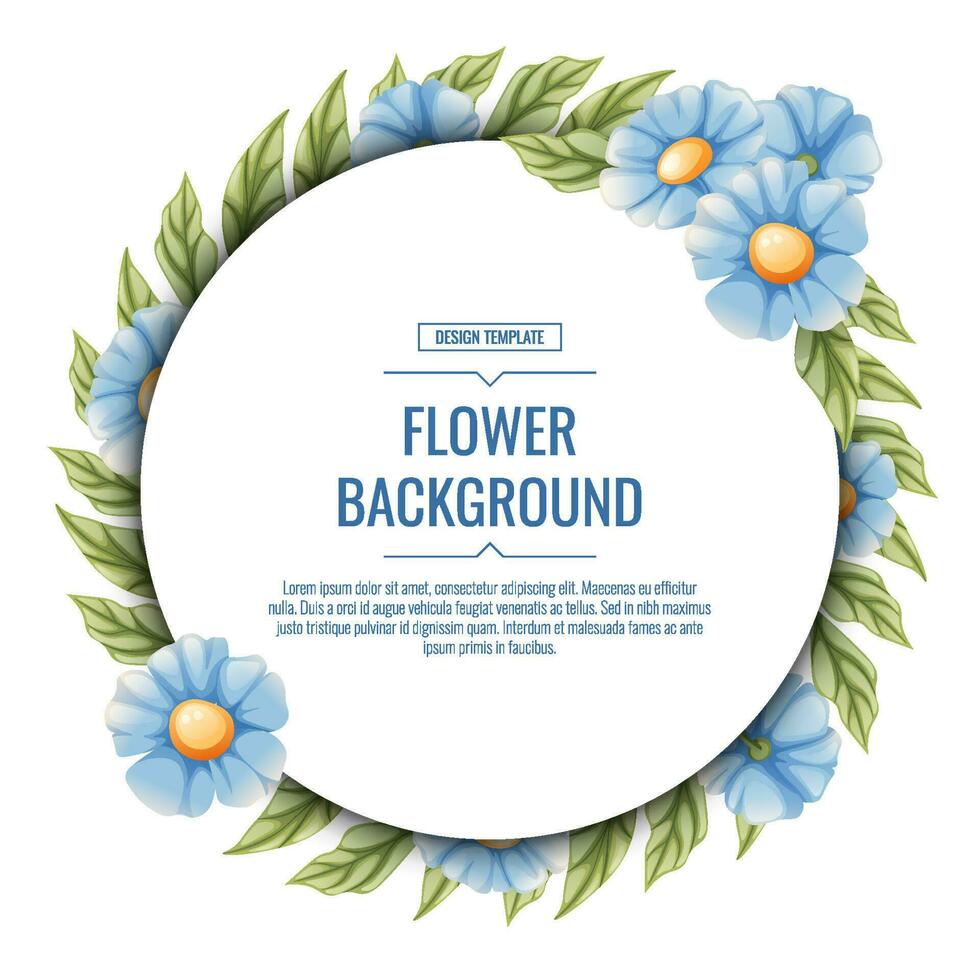 Round background with blue flowers. Floral frame with forget-me-nots. Banner, poster, flyer, postcard. Summer illustration vector