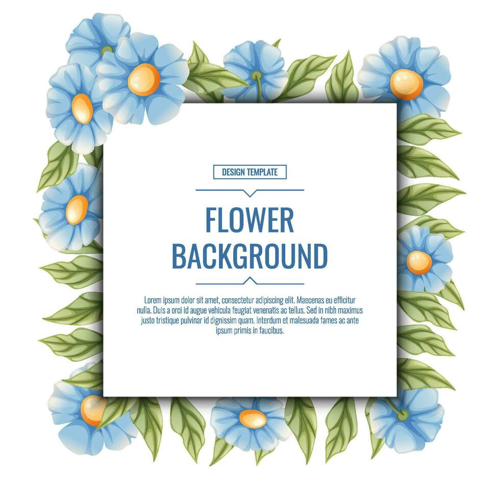 Square background with blue flowers. Floral frame with forget-me-nots. Banner, poster, flyer, postcard. Summer illustration vector