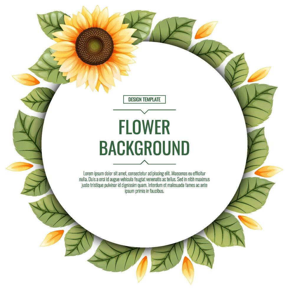 Square background with sunflowers. Floral frame with yellow flowers and green leaves. Banner, poster, flyer, postcard. Summer illustration. vector