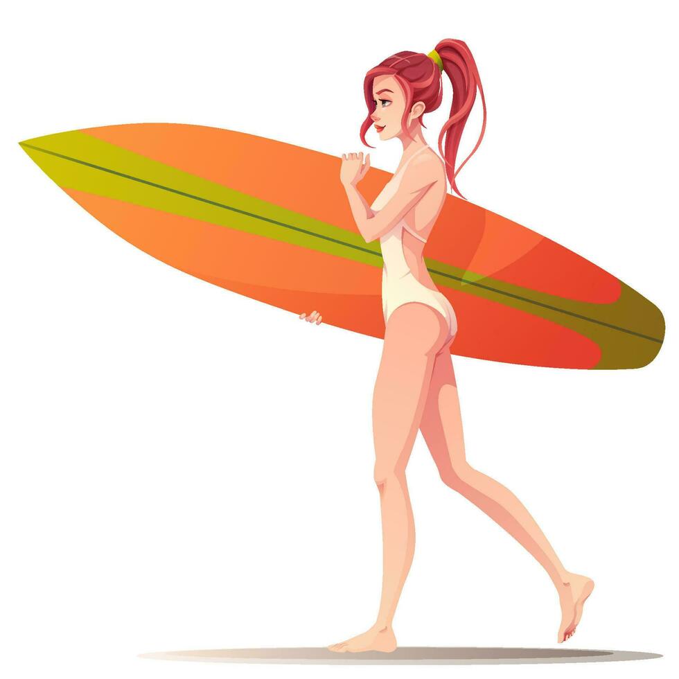 niña con tabla de surf. verano playa ilustración de un niña haciendo al aire libre actividades. vector