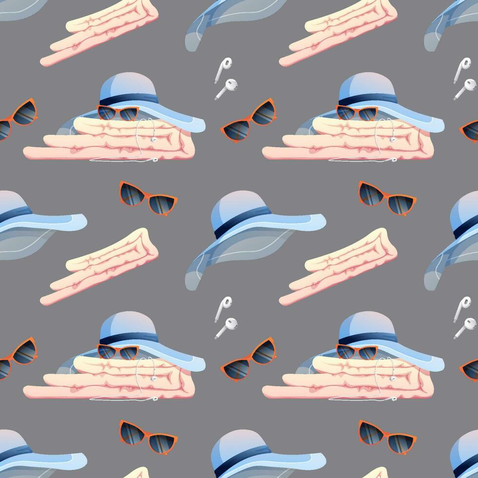 Seamless pattern with beach hat, glasses, towel. Seamless texture, summer, beach ornament. Suitable for textile, paper, wallpaper vector
