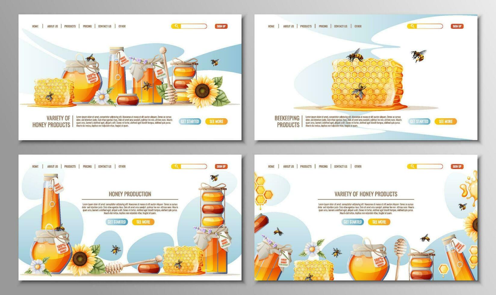 A set of web pages for a honey store, honey products. Honey jar, wooden spoon, bees and flowers. Suitable for website design, web banner, app. vector