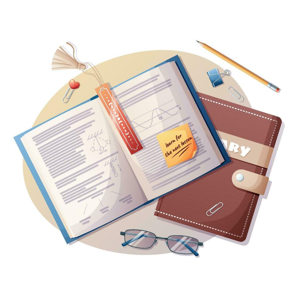school supplies, stationery, textbook, diary on a white background. Isolated illustration for on a school educational theme for stickers, banners, covers vector