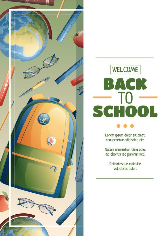 Flyer design with school backpack, globe and textbooks. School time, back to school, education. Flyer, poster, banner size a 4 vector