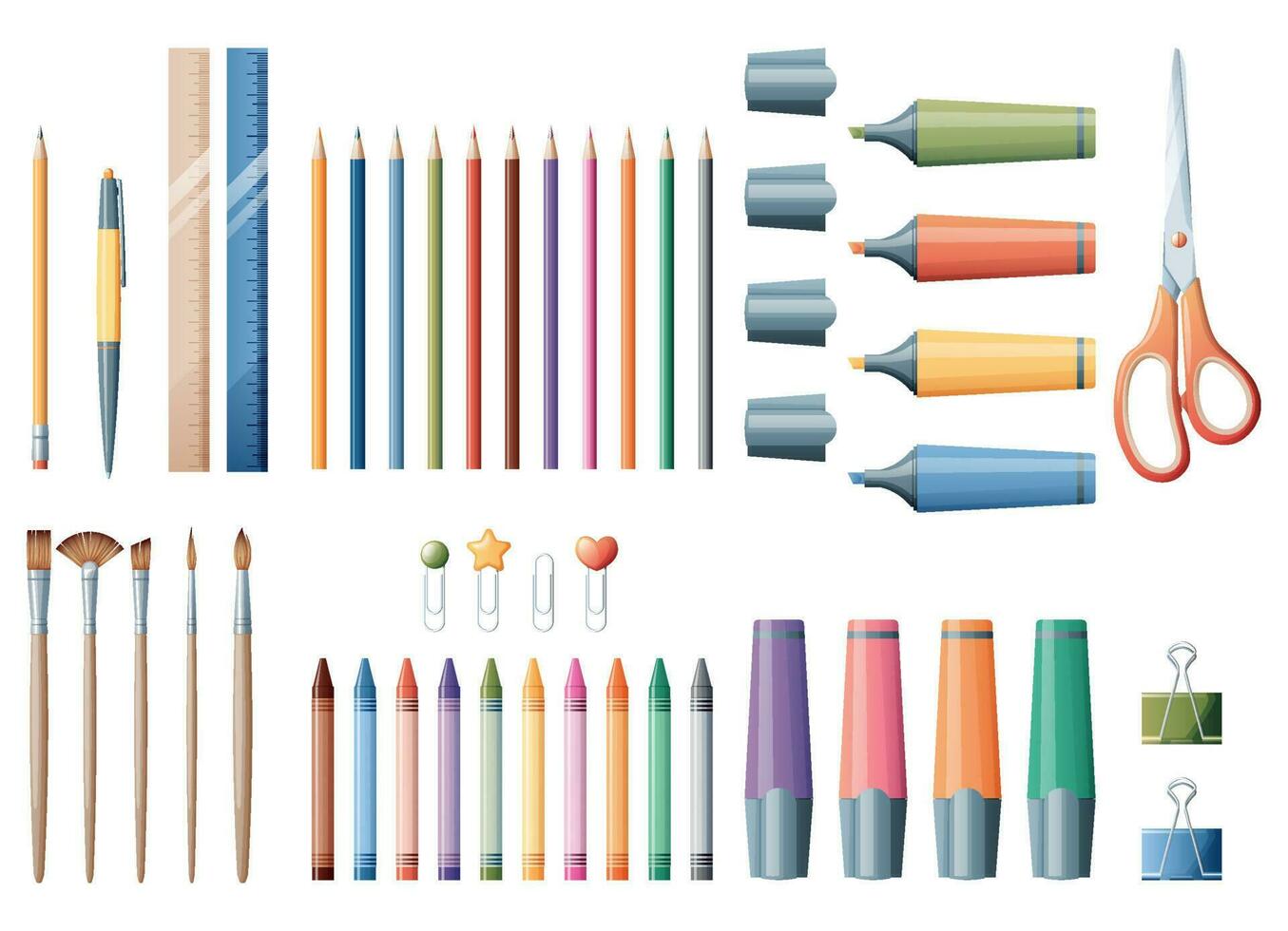 Stationery set pen, pencils, crayons, markers, paper clip, ruler, scissors on a white background. School supplies, office stationery, creativity, hobby, art tool. vector