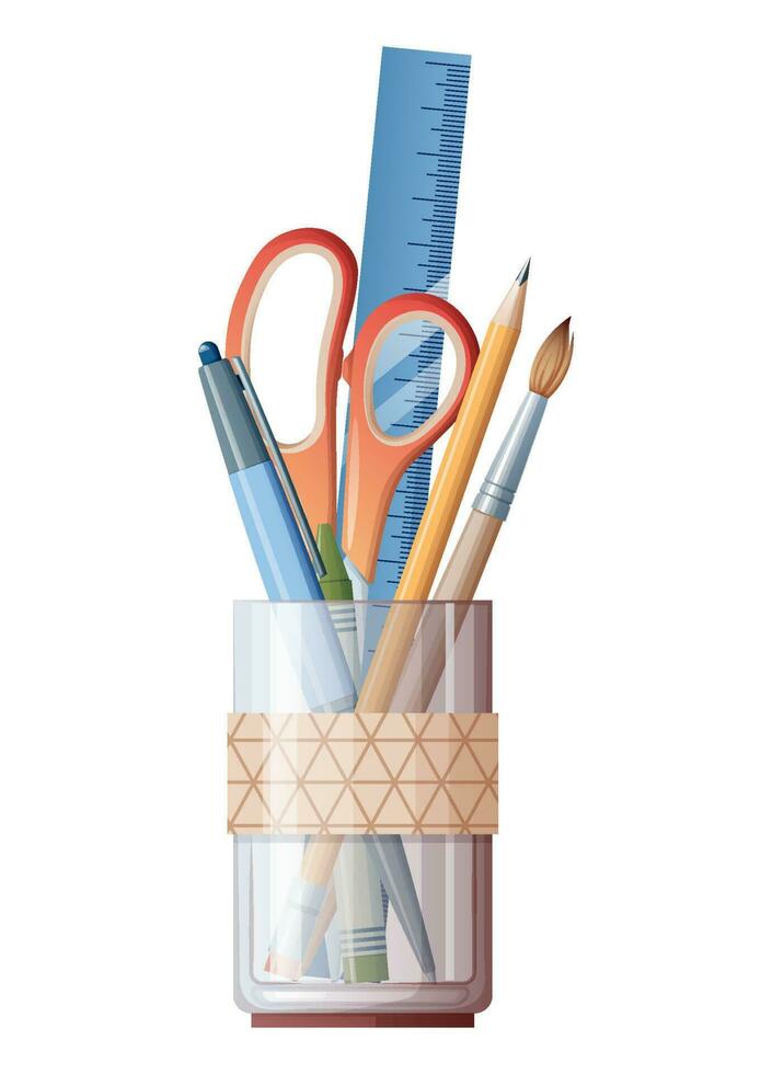 Pencil with stationery pen, scissors, pencils on a white background. School, office supplies vector