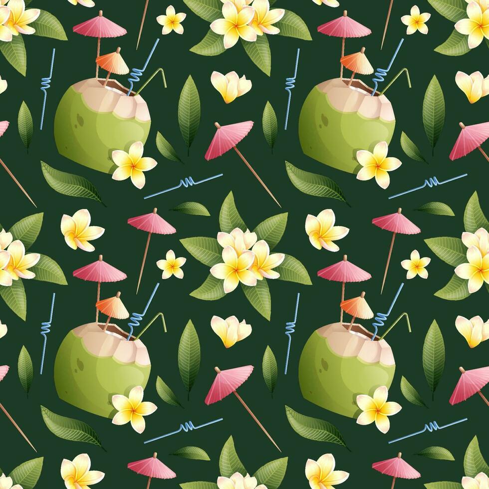 Summer seamless pattern with tropical frangipani flowers and coconut cocktail on a green background. Suitable for wallpaper, fabric, paper, etc vector