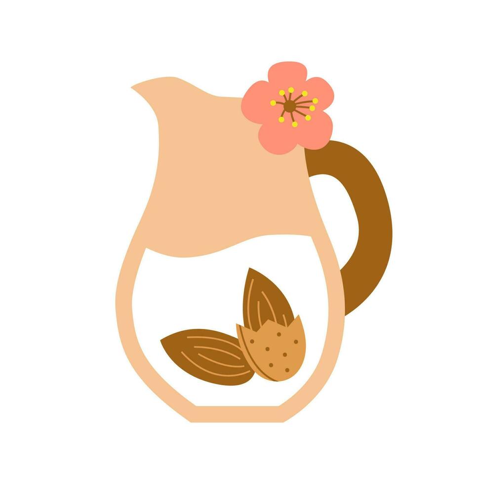 vaso tarro de almendra Leche con Fruta y flor. planta establecido vegano bebida concepto. lechería gratis y no lactosa bebida. vector plano ilustración.