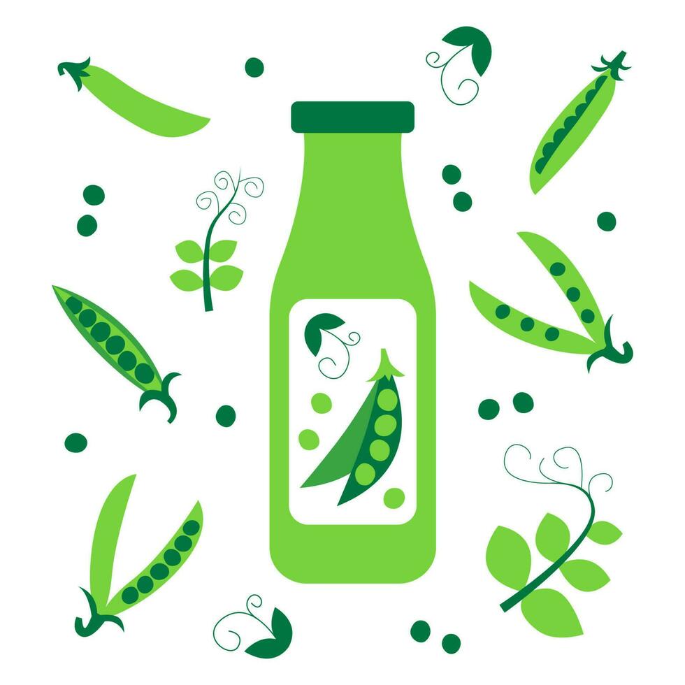 botella de guisante Leche con almohadillas y hojas alrededor. planta establecido vegano bebida concepto. lechería gratis y no lactosa bebida. vector plano ilustración.