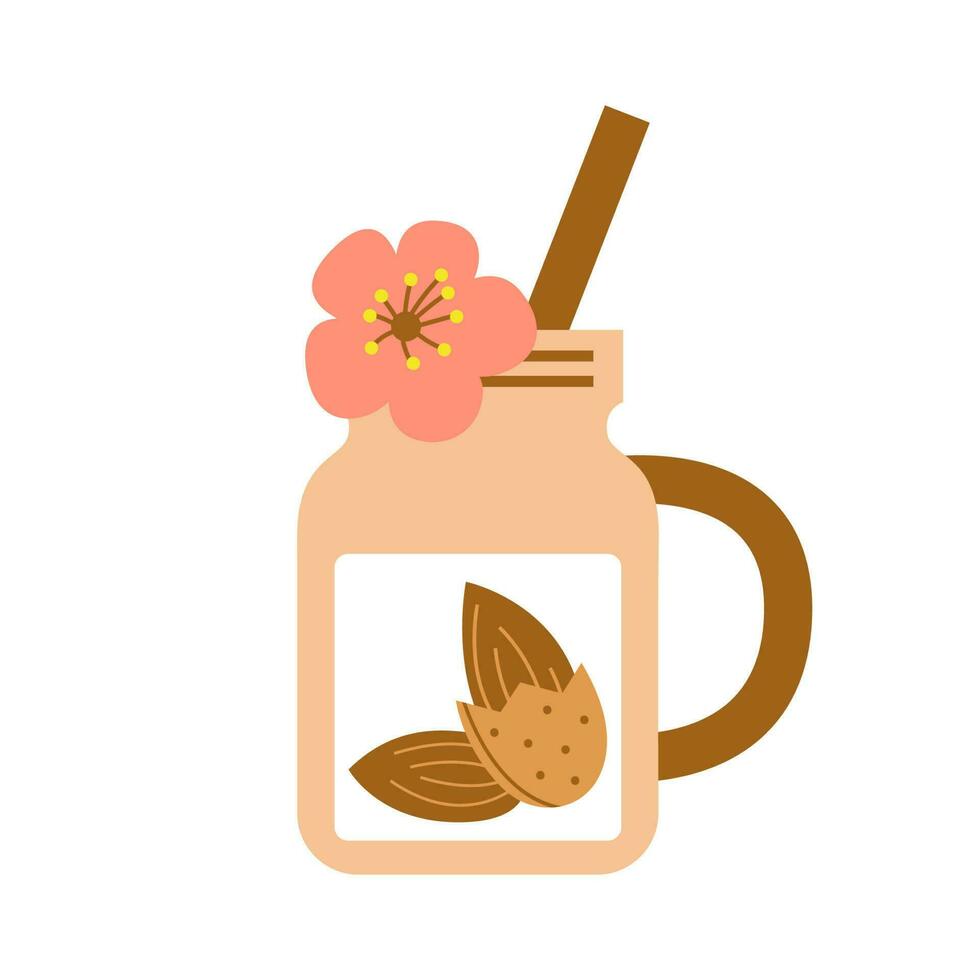Glass jar of almond milk with fruit and flower with straw. Plant based vegan drink concept. Dairy free and non lactose beverage. Vector flat illustration.