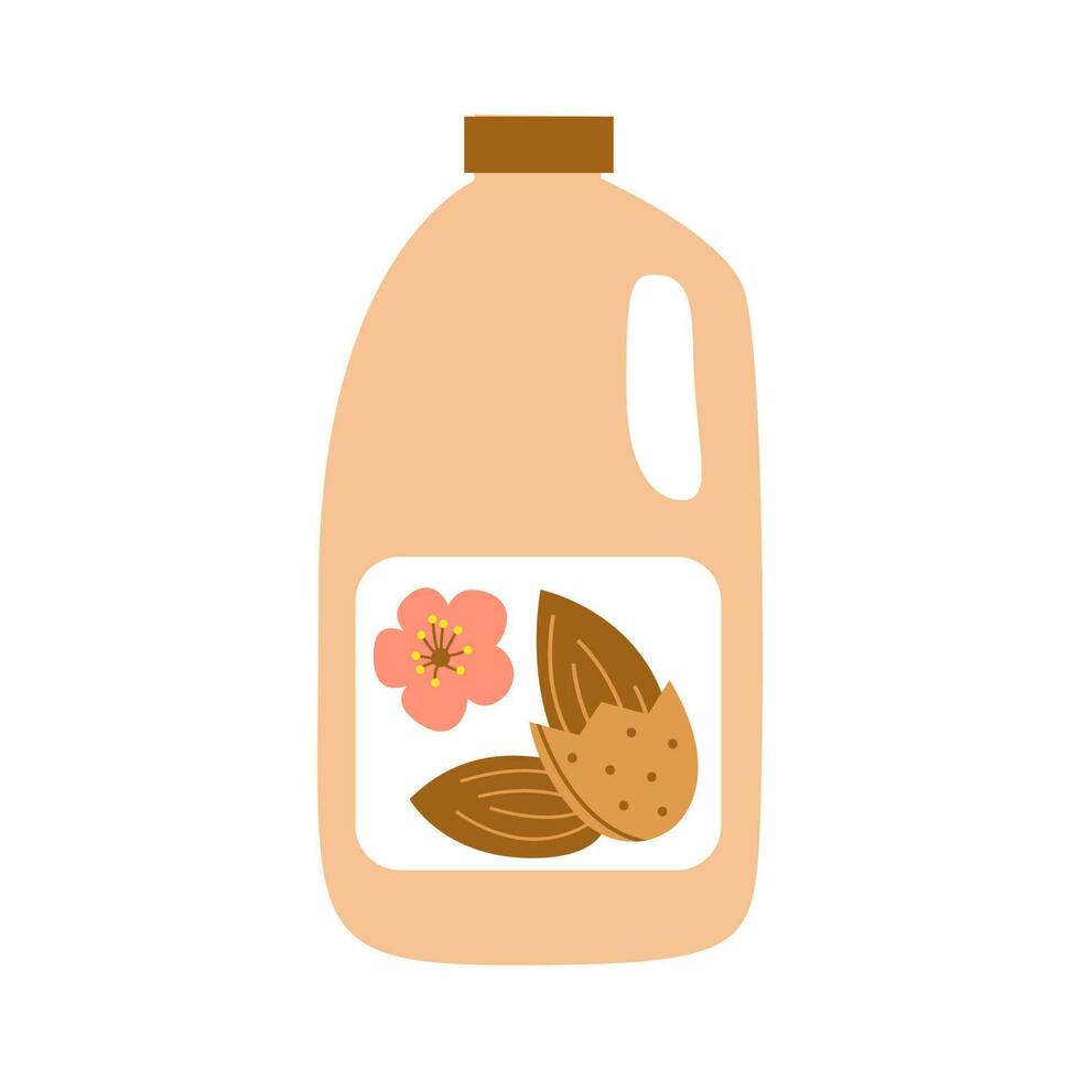 Bottle of almond milk with fruit and flower. Plant based vegan drink concept. Dairy free and non lactose beverage. Vector flat illustration.