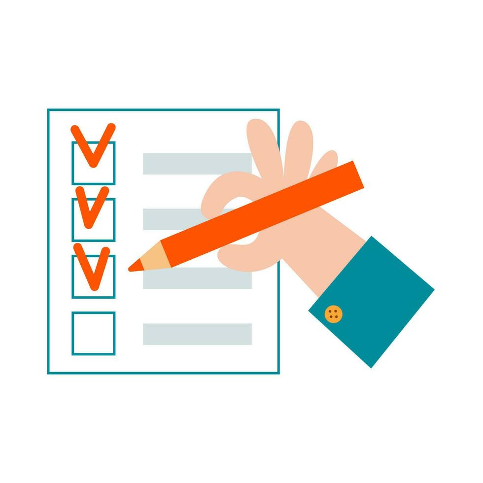 Hand ticks boxes in the checklist holding pencil. Fill a form symbol. Office worker writes in to do list. Business icon flat vector illustration.